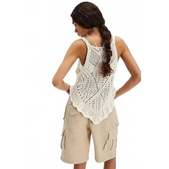 Free People Sea La Vie Cargo Shorts Mid Rise Pull-on Beach Beige Sz S #765 - Picture 2 of 13